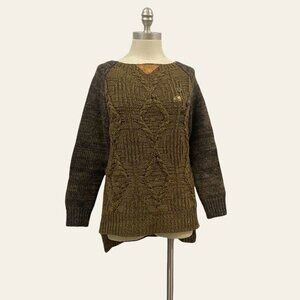 Artisan De Luxe Cable Knit Sweater Green Women's Medium Pullover Elbow Patch